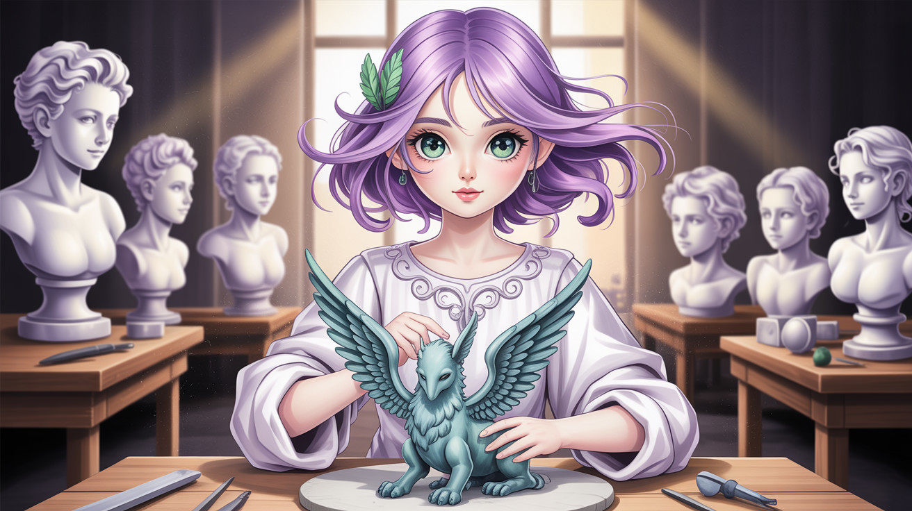 Anime-Style Artist Sculpting a Winged Creature in Studio