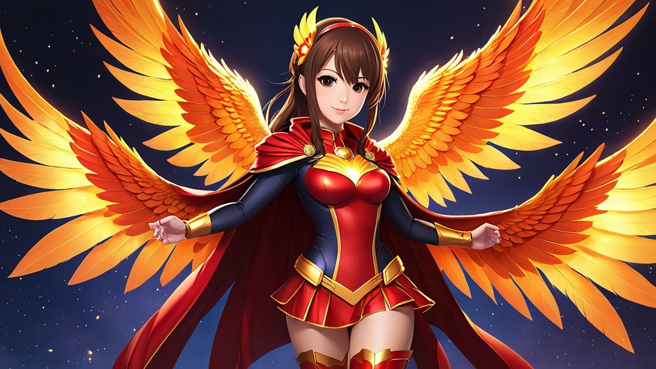 Female Character with Golden Wings in Starry Background