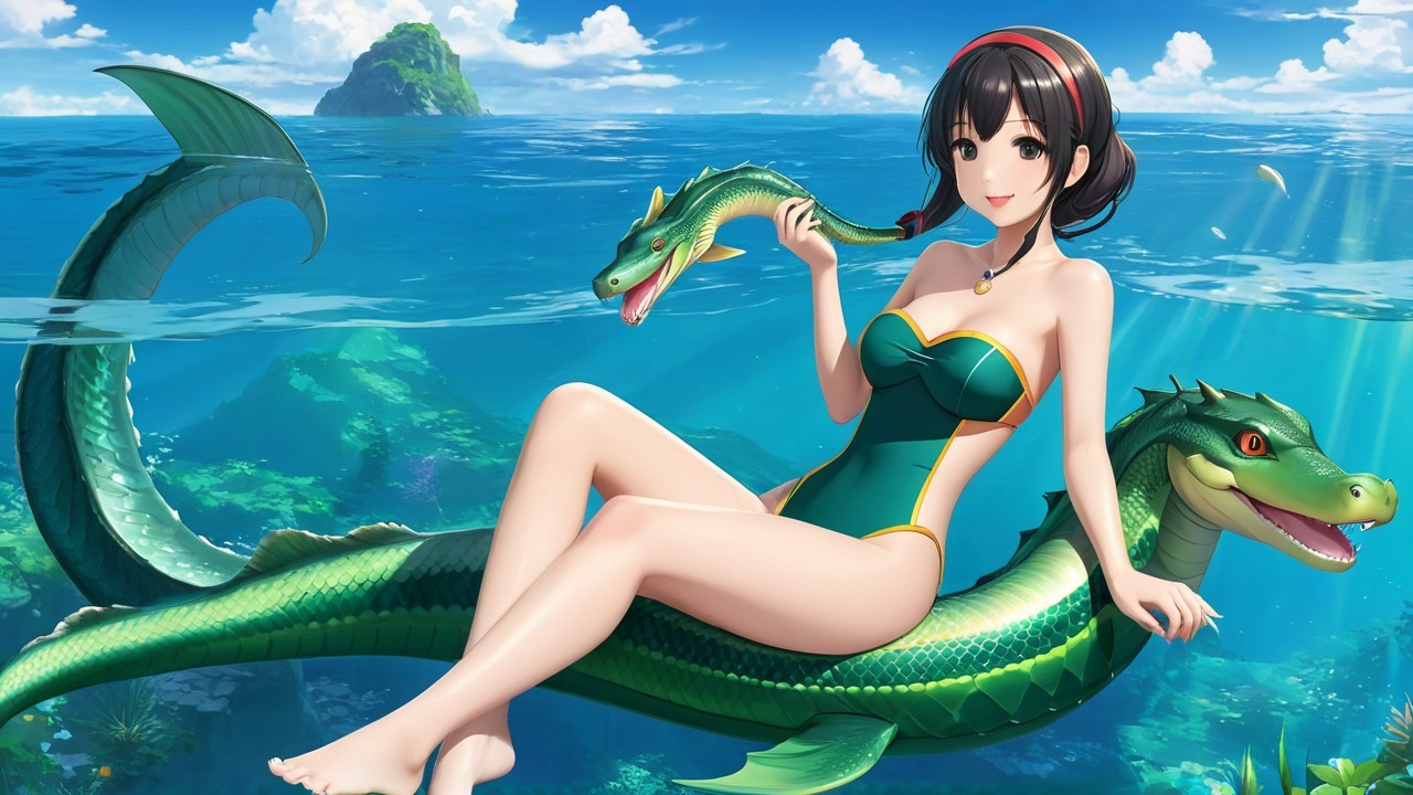Young woman on green sea serpent in vibrant ocean scene