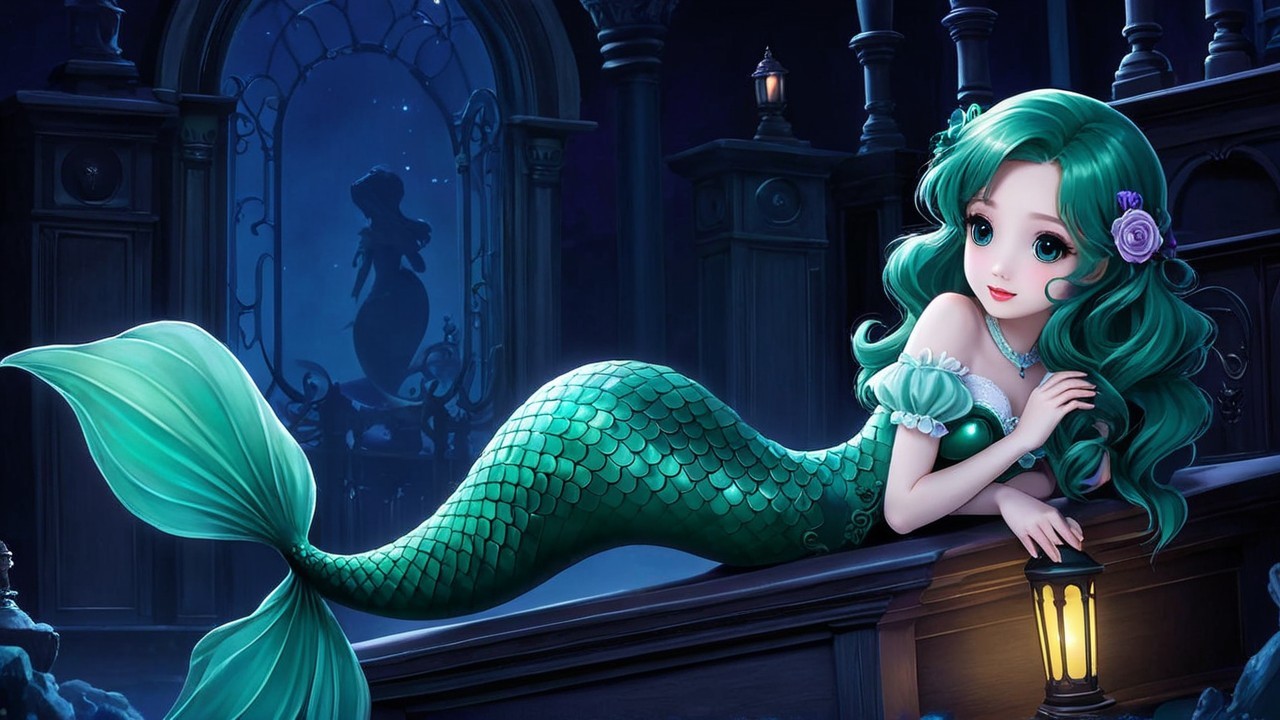 Mermaid on Ornate Ledge in Underwater Ruins