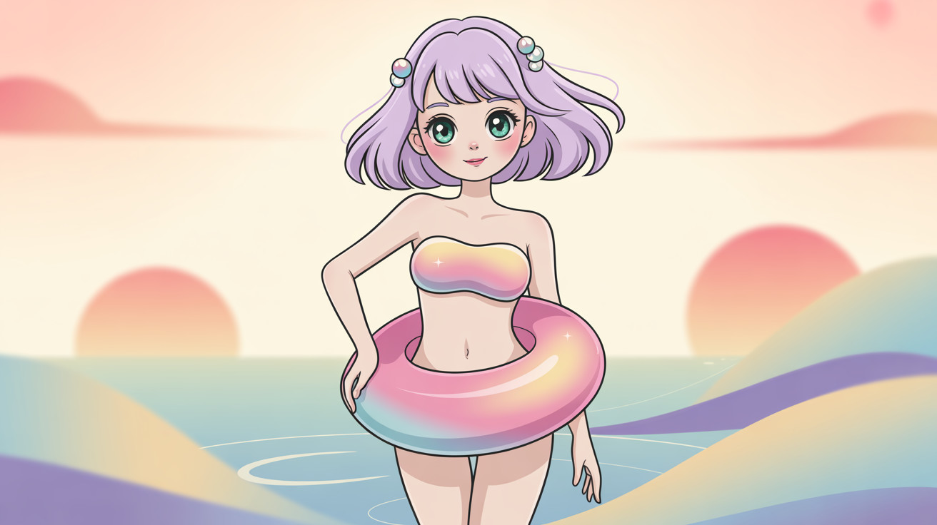 Anime-style female character in pastel bikini by water