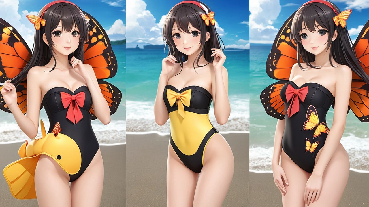 Character in Butterfly Motif Swimsuit at Beach