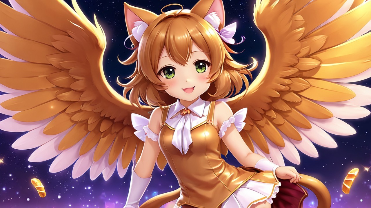 Cheerful anime character with cat features and wings