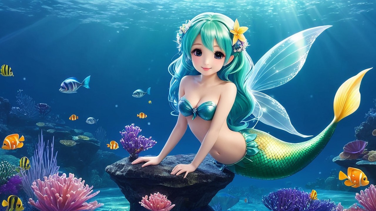 Whimsical Underwater Scene with a Mermaid and Coral