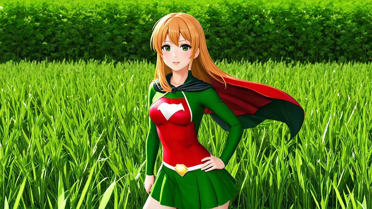 Animated Character in Vibrant Superhero Outfit in Field