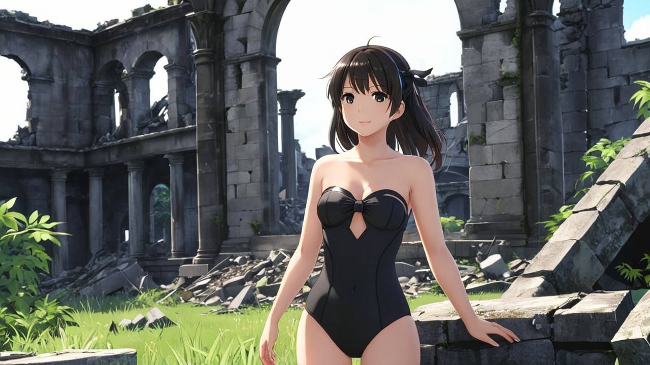 Young woman in swimsuit at ancient ruins with sunlight