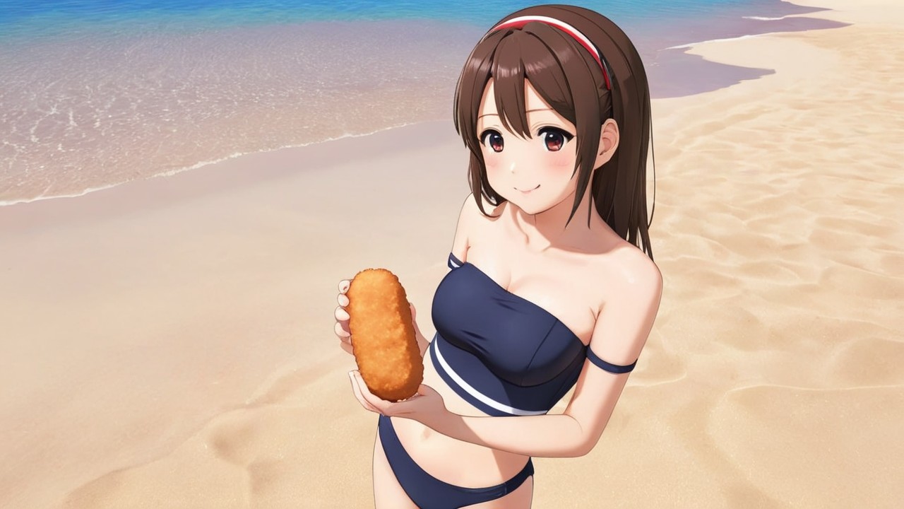 Cheerful Character on Sunny Beach with Food Item