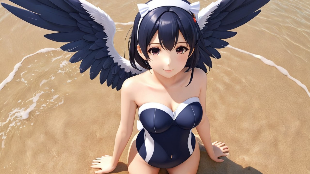 Anime Character with Dark Hair and White Wings at Beach