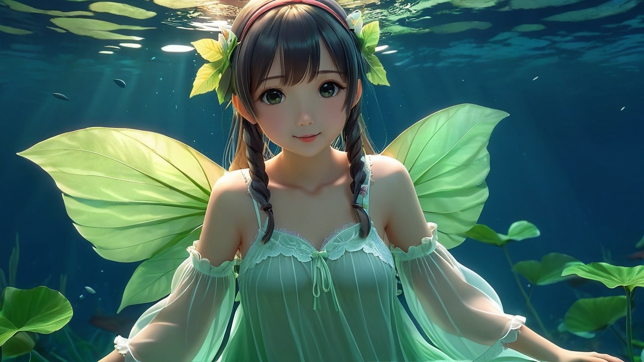 Underwater Scene with Fairy Figure and Green Wings