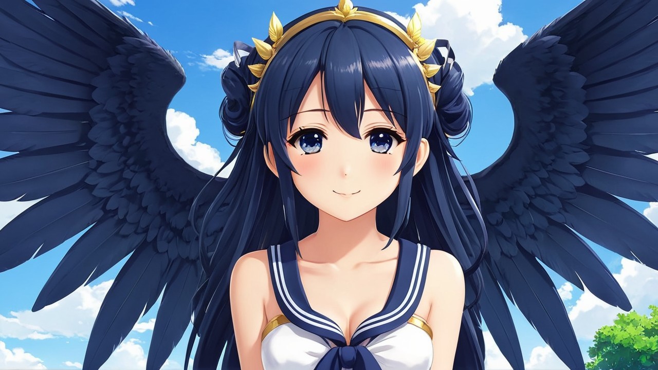Girl with Dark Hair and Black Wings Under Blue Sky