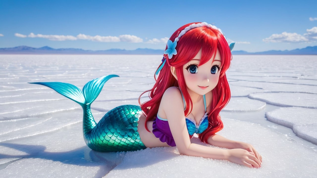 Anime-style mermaid on a shimmering salt flat