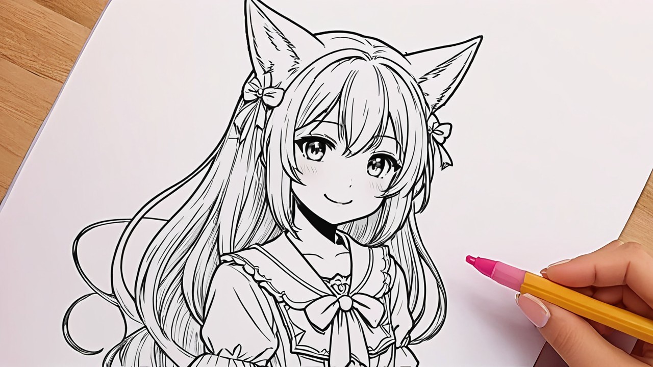 Line Art of Character with Cat Ears and Frilly Outfit