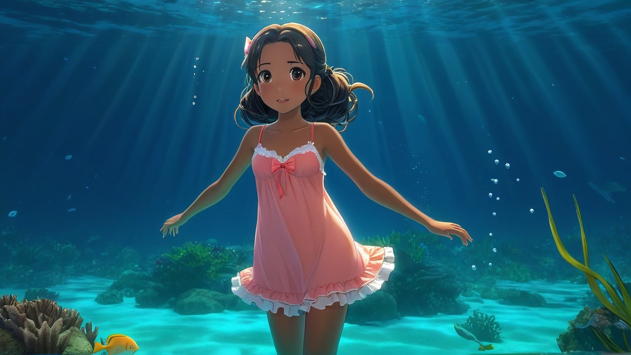 Young girl underwater in coral reef with soft pink dress