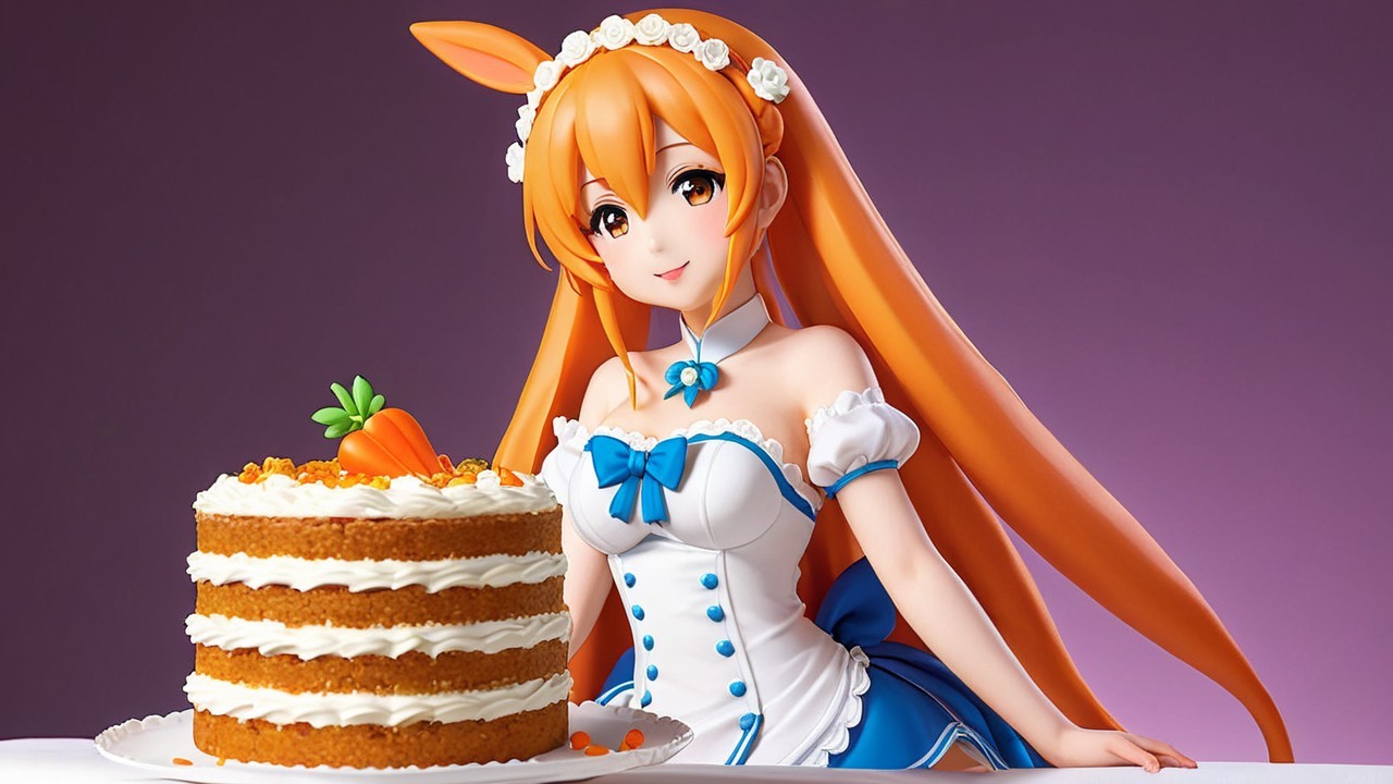 Cheerful Animated Character with Carrot Cake Display