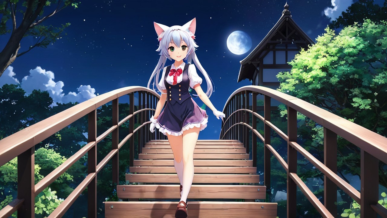 Young girl with cat ears walking on a moonlit bridge