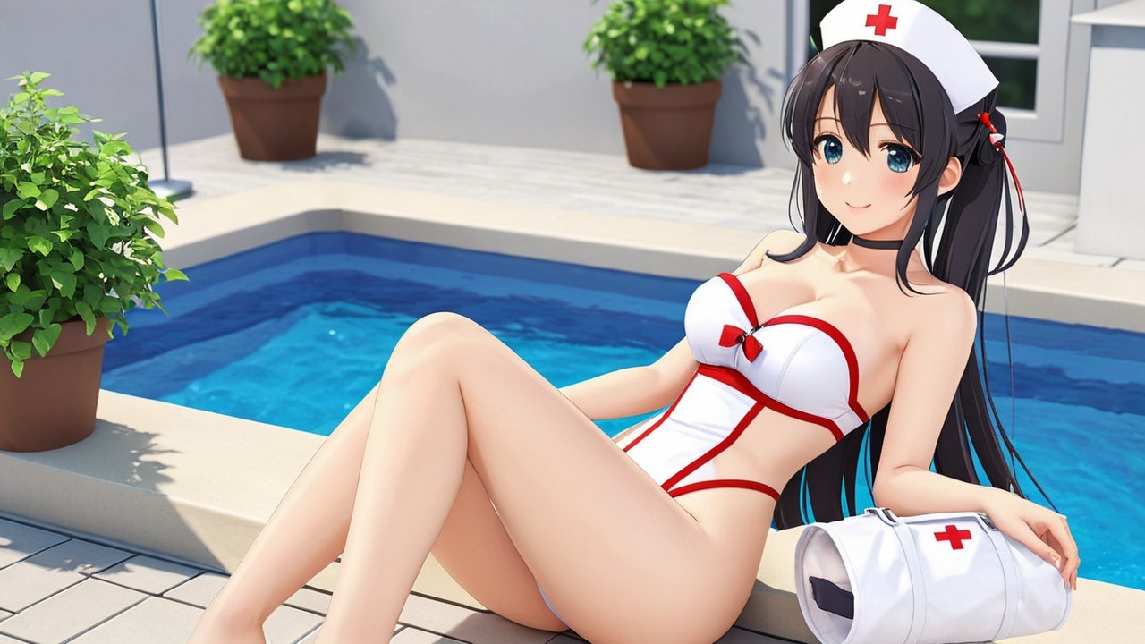 Cheerful anime character by pool in stylish swimsuit
