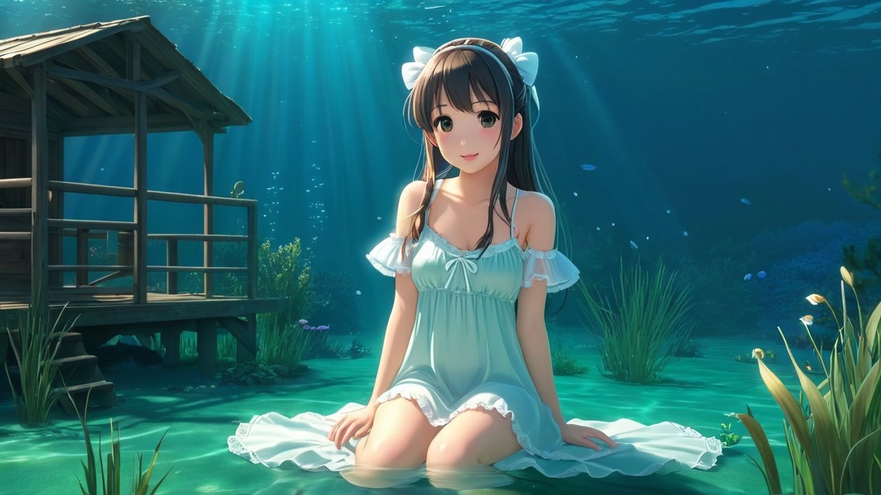Underwater Scene with Girl in Flowing Dress