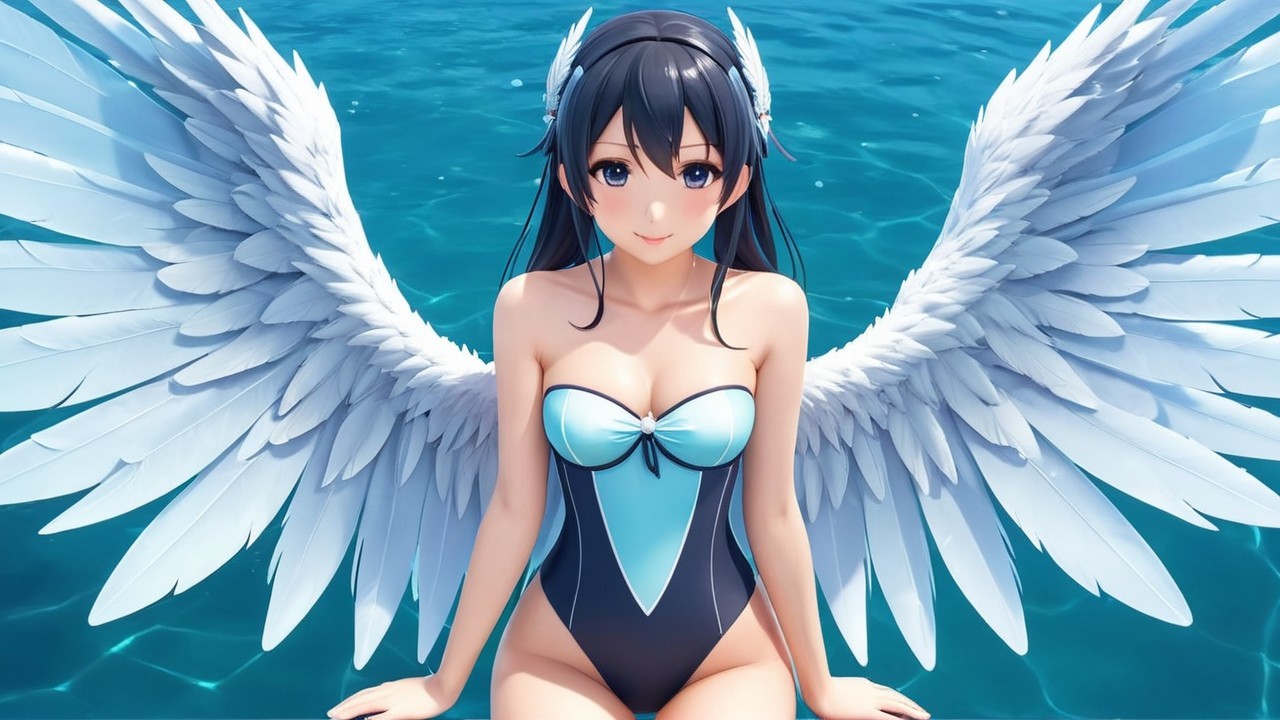 Young woman with feathered wings by the ocean