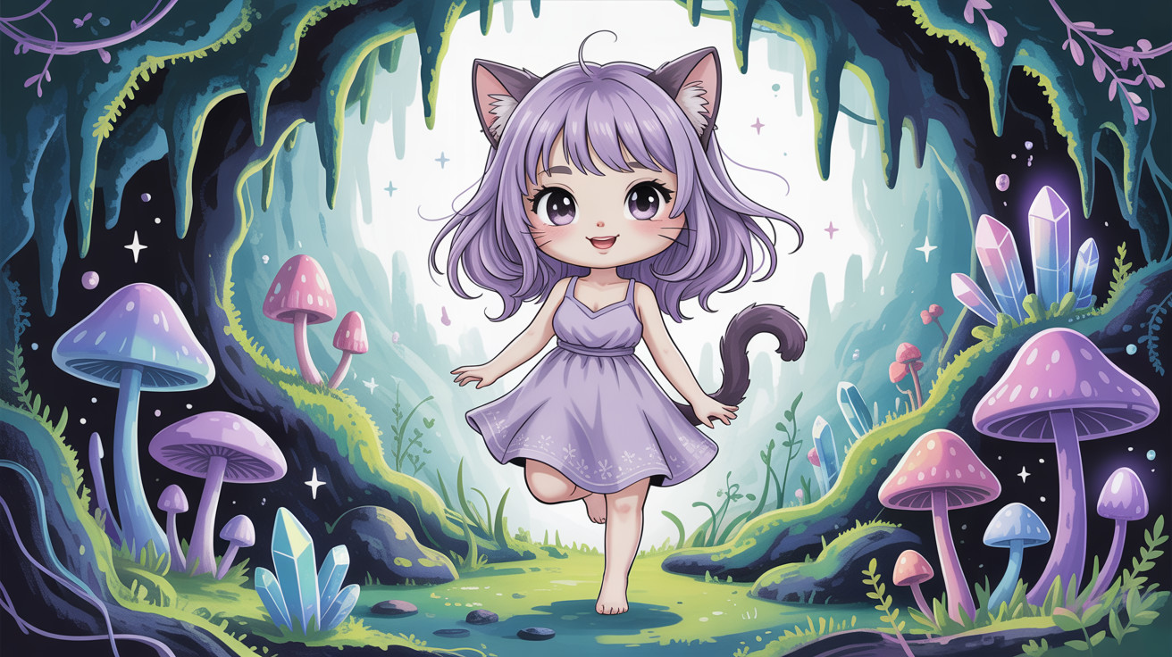 Chibi girl in enchanted forest with colorful mushrooms