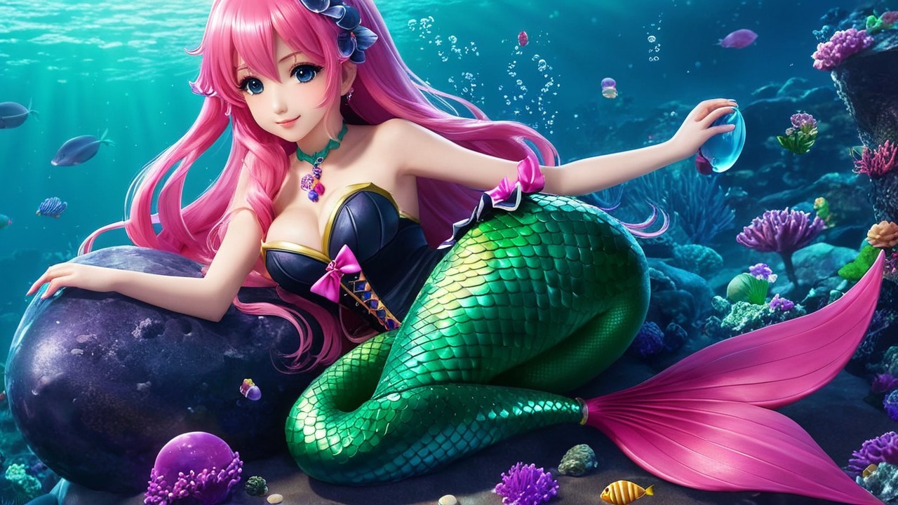 Vibrant underwater scene with a mermaid and coral