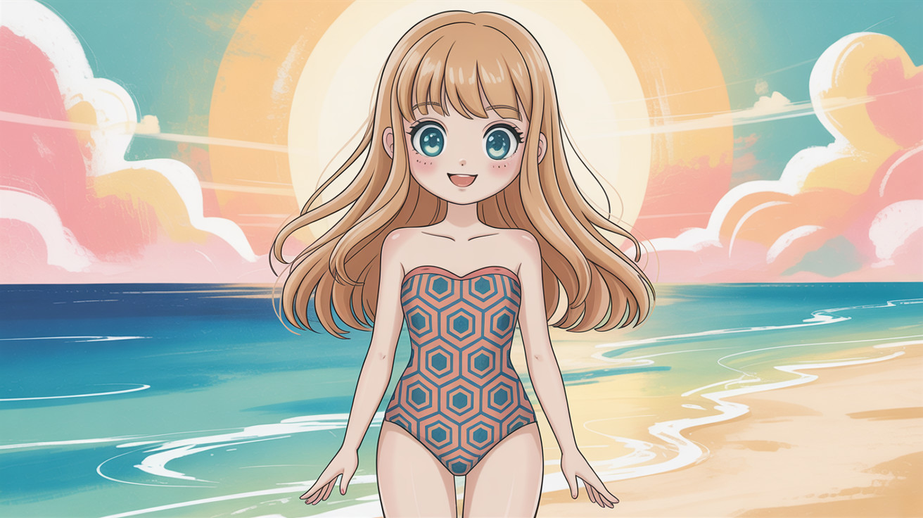 Anime Girl in Swimsuit at Beach with Sunset Background