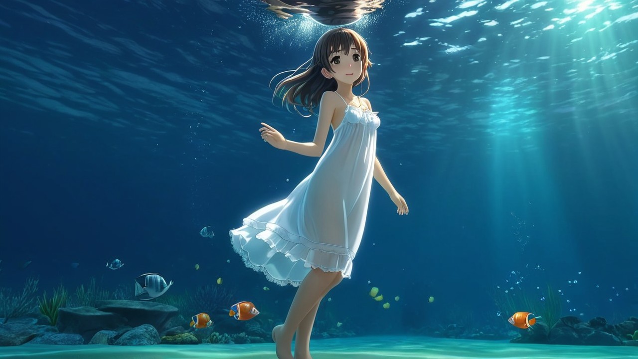 Underwater Scene of a Girl Dancing in Clear Ocean