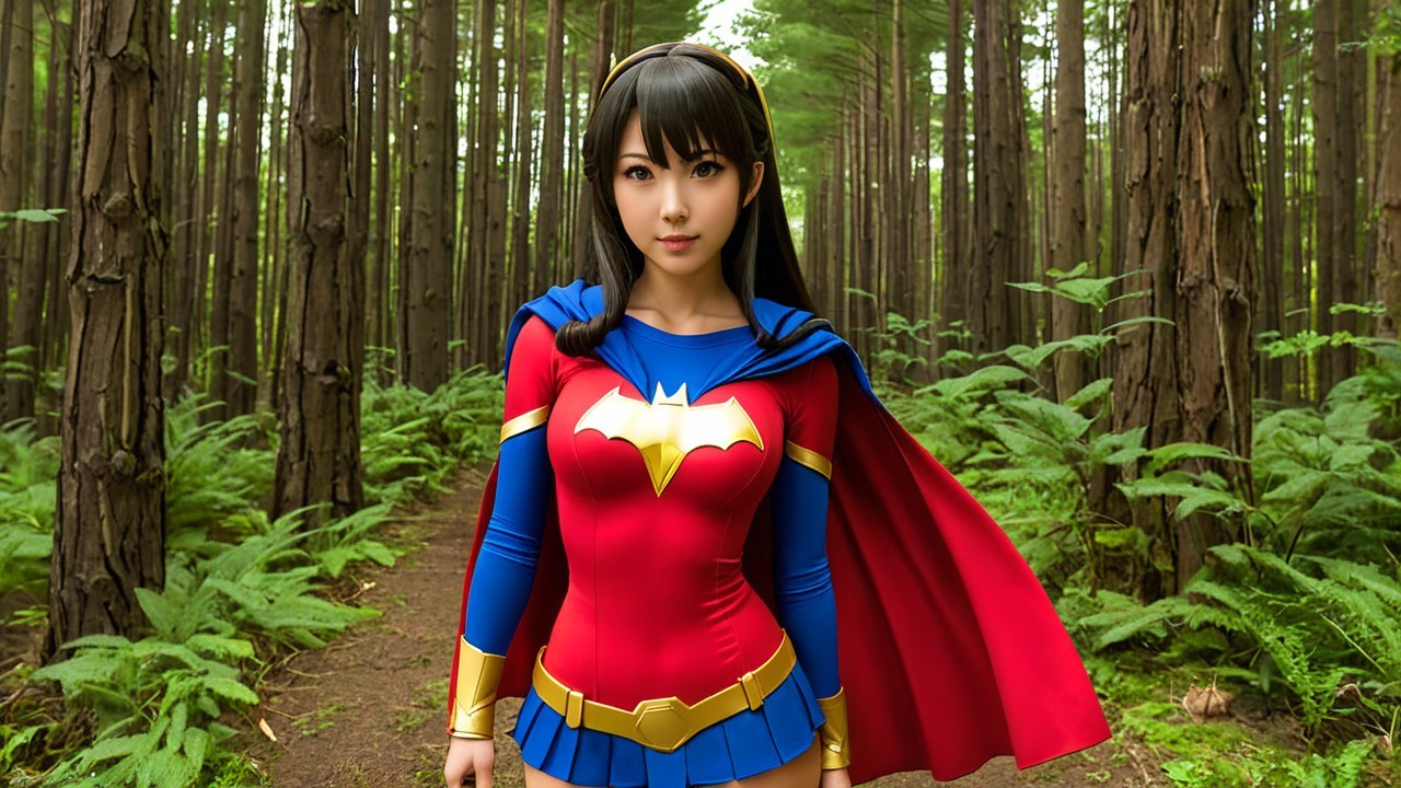 Young Woman in Superhero Costume in Forest Setting