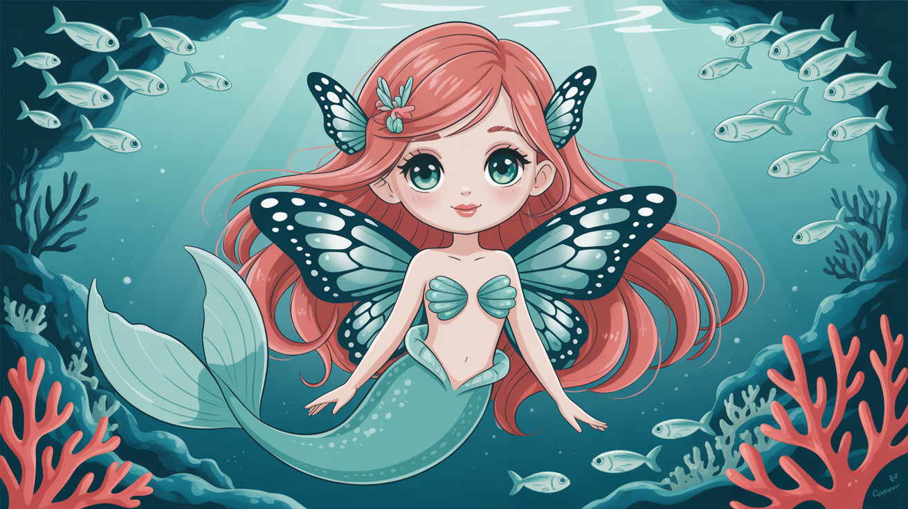 Whimsical Mermaid Cartoon with Coral Pink Tail and Hair