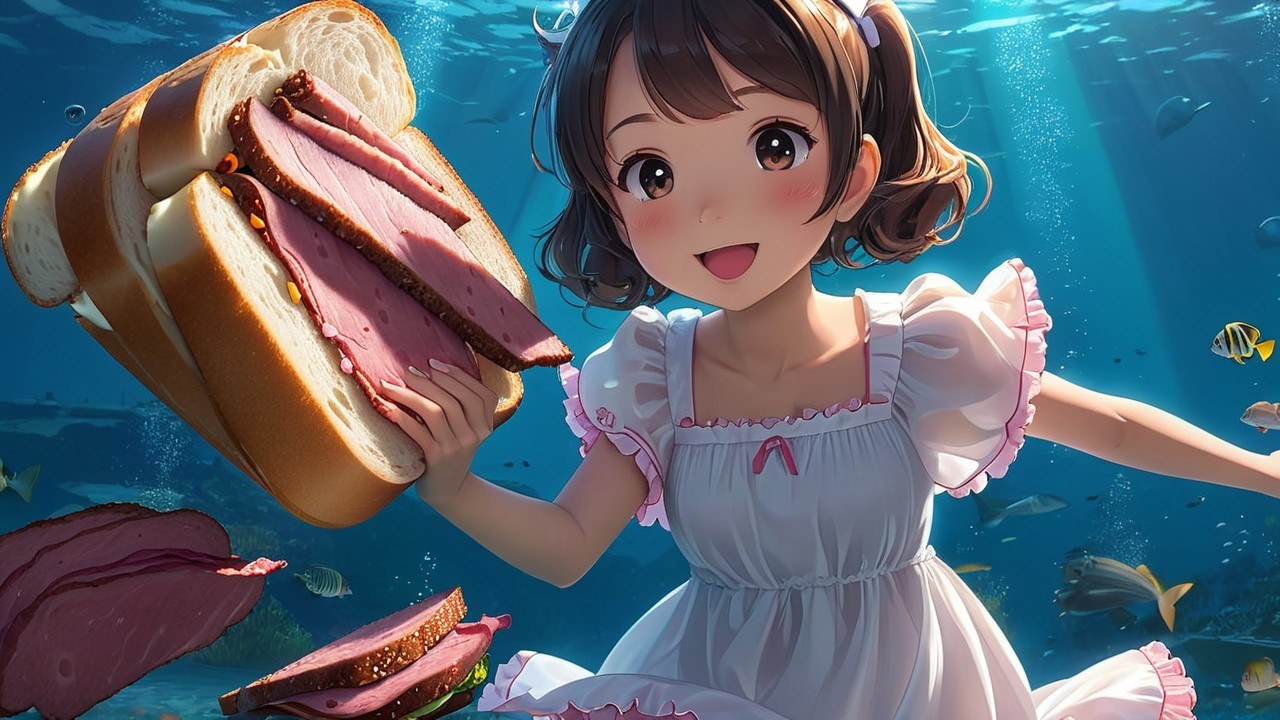 Cheerful girl underwater with sandwich and colorful fish