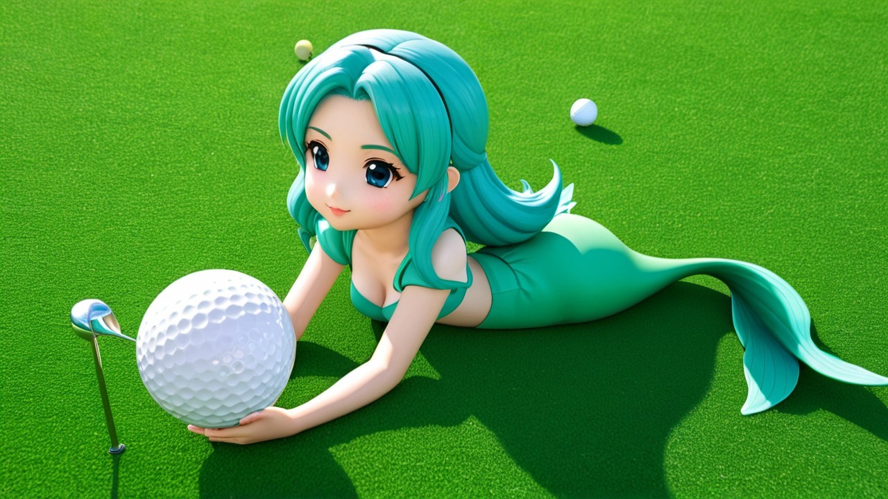 Cartoon Mermaid on Golf Course with Golf Ball and Flag