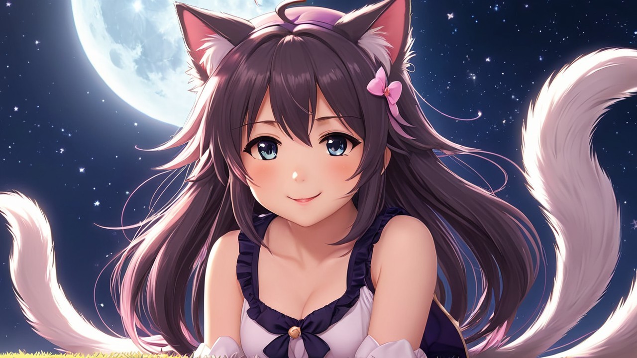 Anime Character with Cat Features Under Full Moon