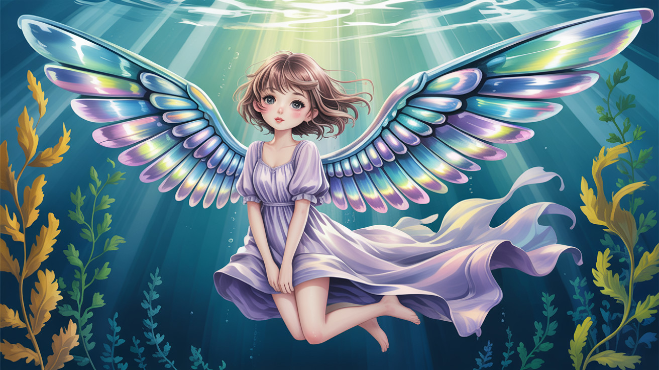 Anime Girl Underwater Surrounded by Colorful Wings
