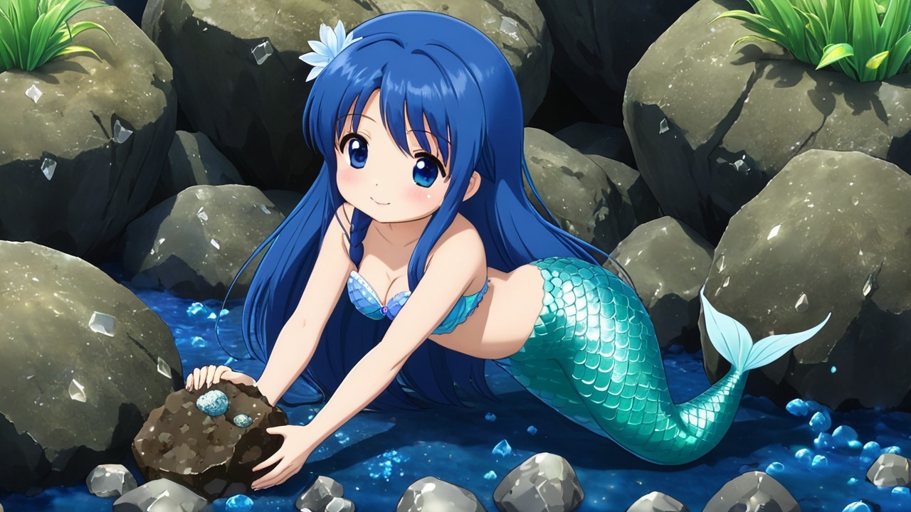 Mermaid on Rocky Shore with Vibrant Blue Hair