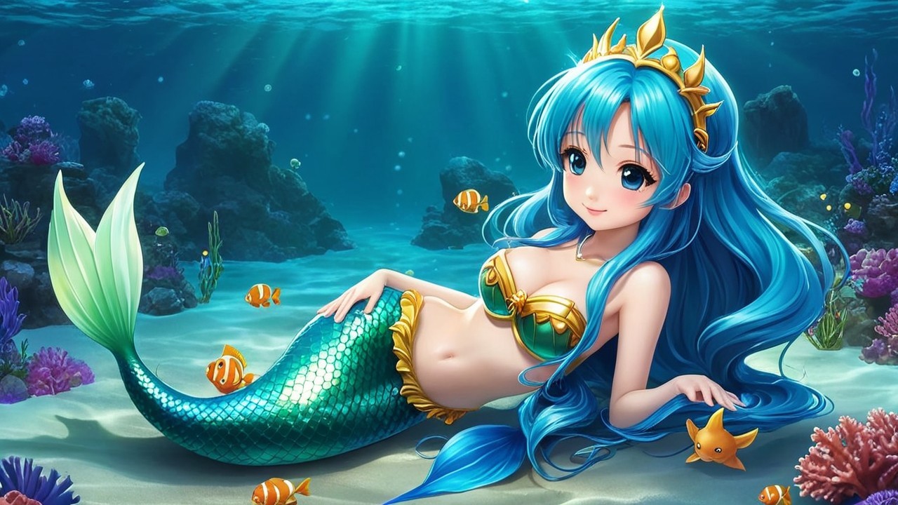 Whimsical Mermaid in a Colorful Underwater Scene