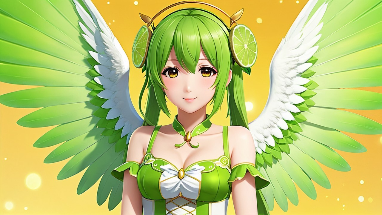 Vibrant Character with Green Hair and Feathered Wings