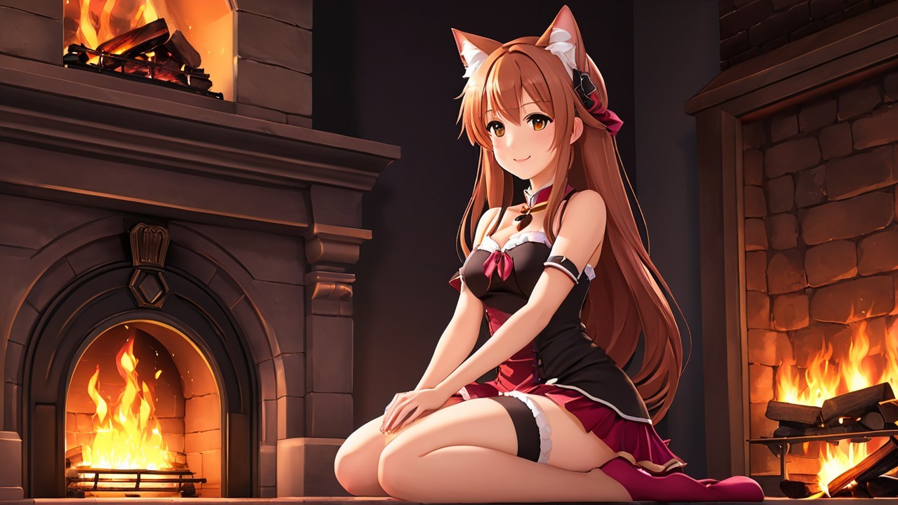 Cozy Fireplace Scene with Character and Cat-Like Ears