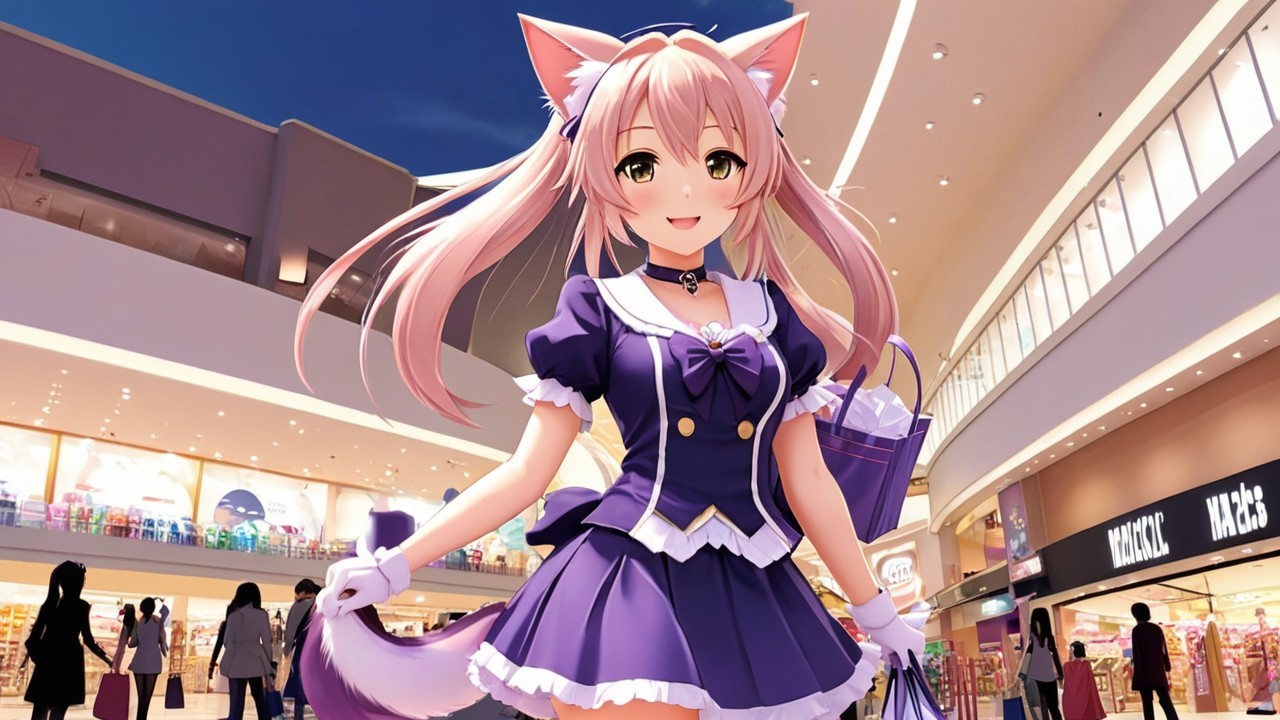 Cheerful Anime Character in Purple Maid Outfit at Mall