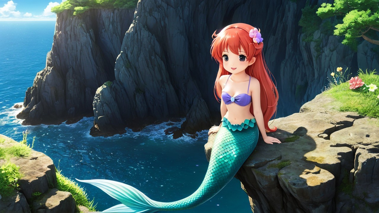 Cheerful Mermaid on Rocky Cliff by the Ocean