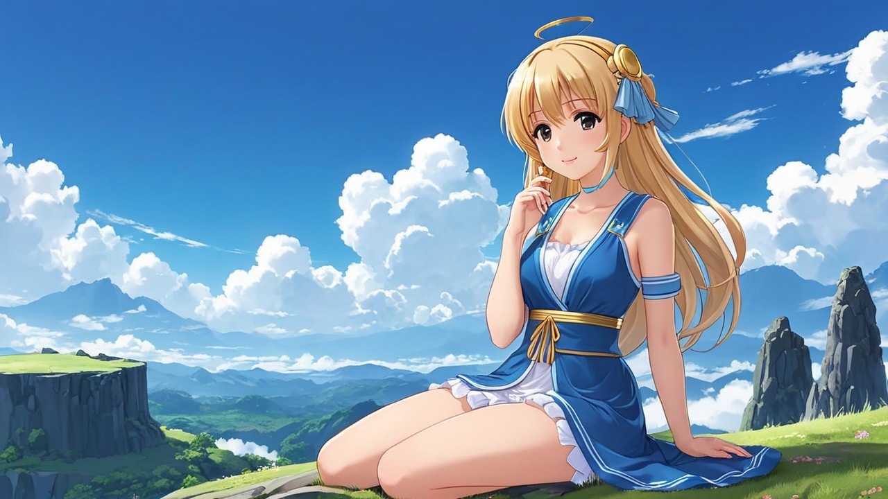Character in blue outfit on green grass with clouds