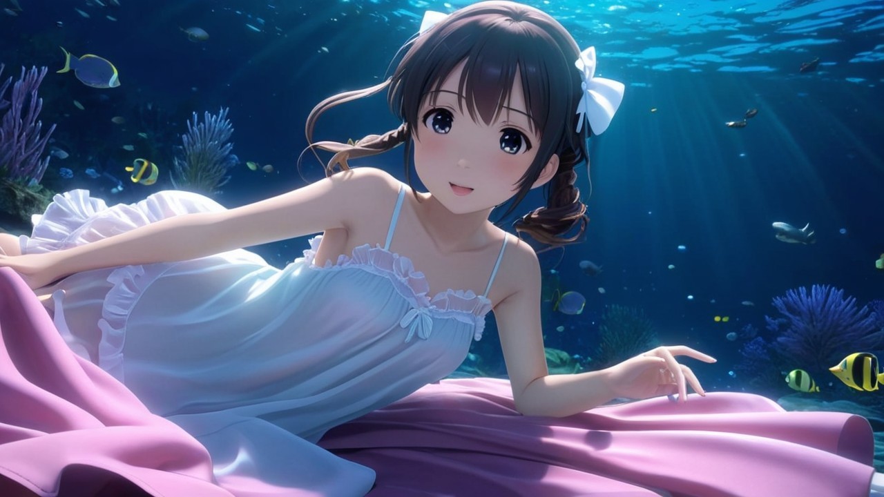 Underwater Scene with Girl, Coral, and Fish