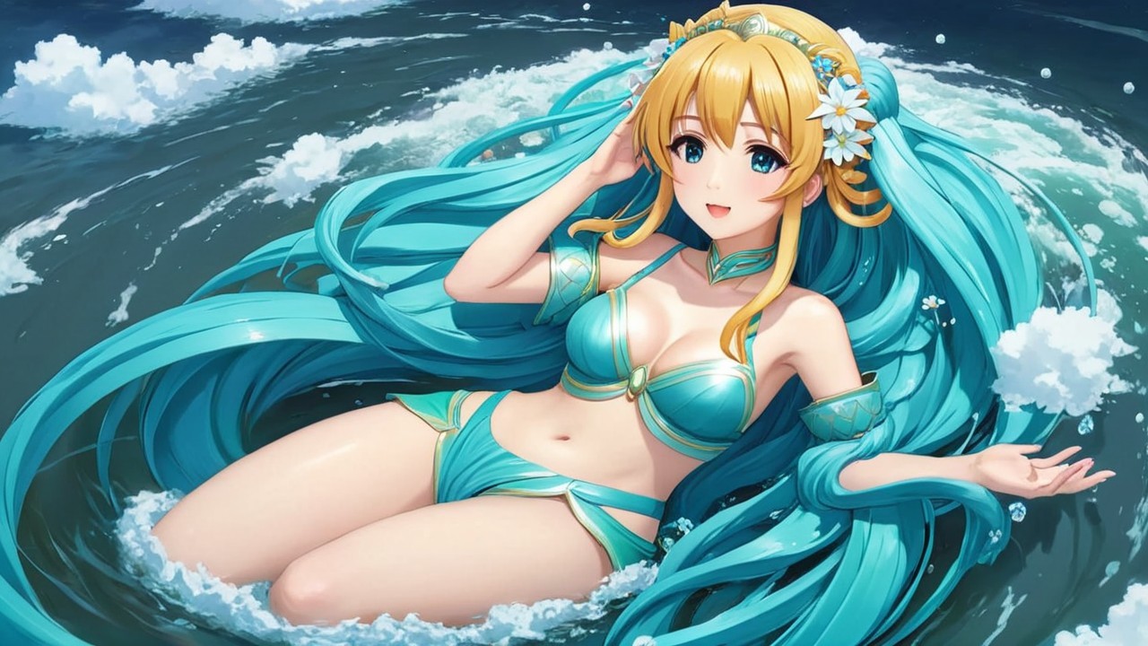 Character with Turquoise Hair in Serene Water Pool