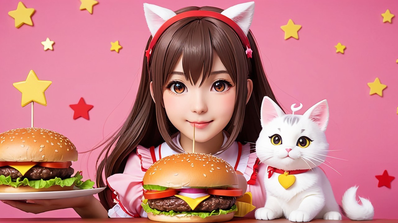 Young girl with burgers and cat in playful setting