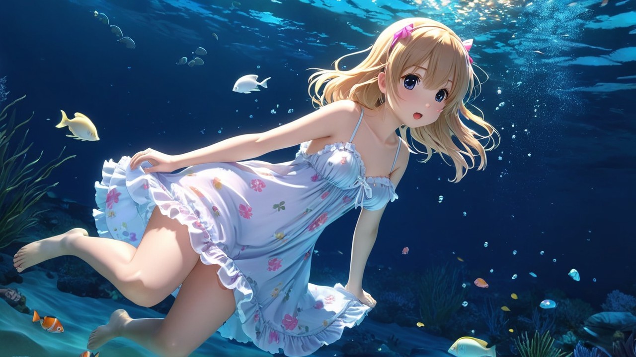 Young girl swimming underwater with colorful fish