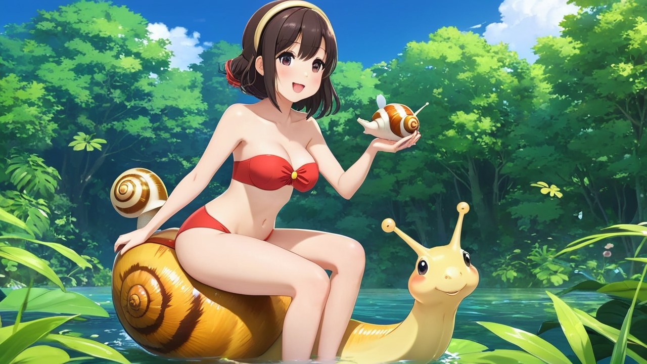 Cheerful girl in red bikini on giant snail in forest