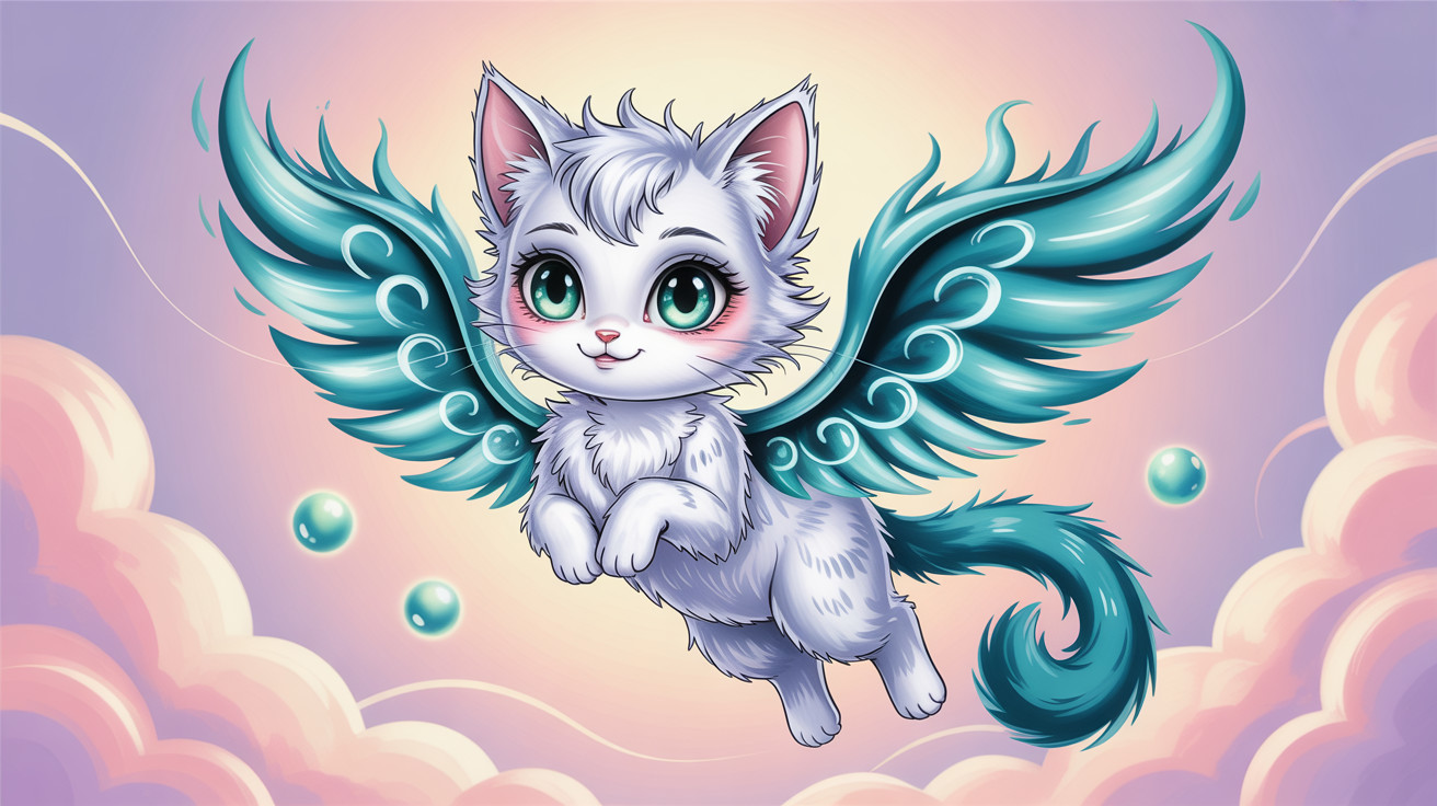 White Cat with Teal Wings in Pastel Sky Setting
