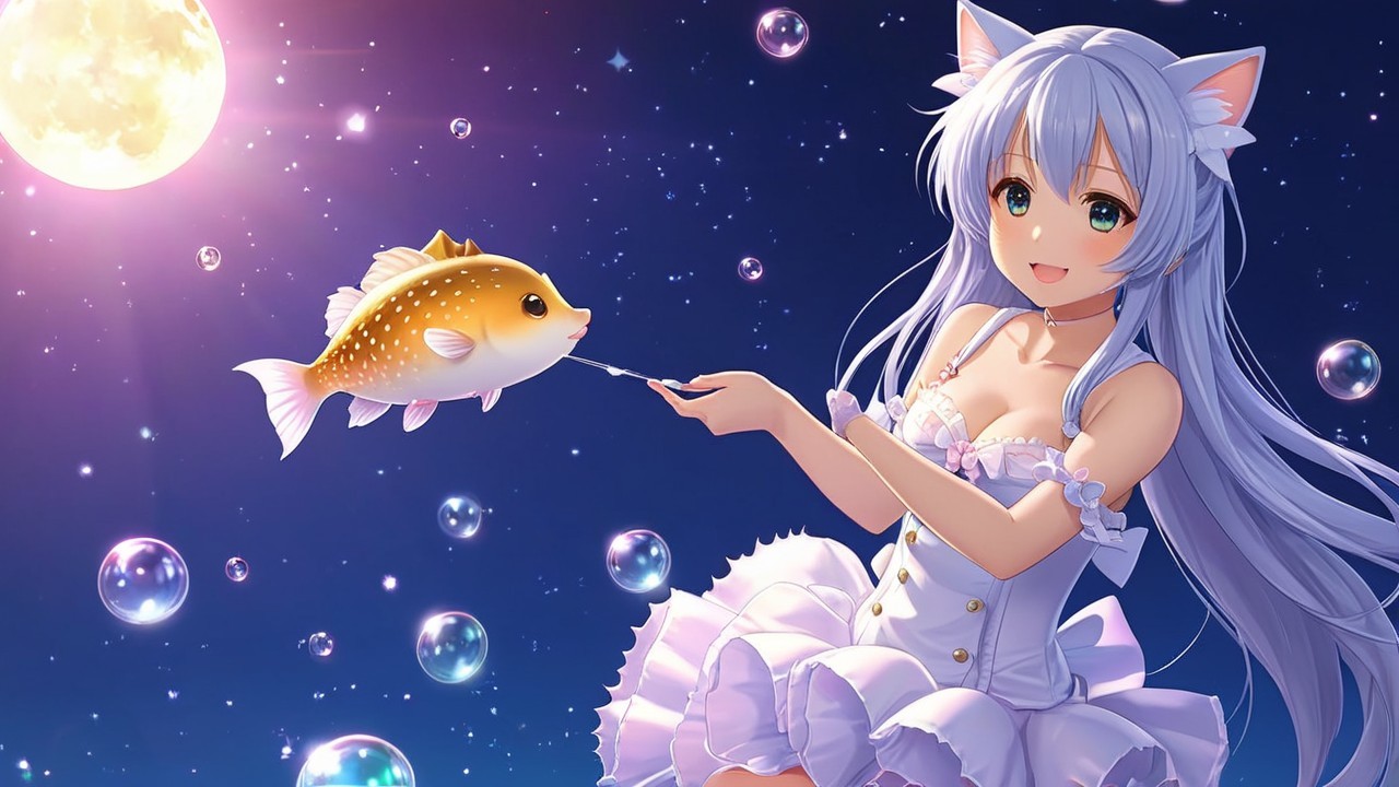 Whimsical girl with blue hair and cat ears fishing at night
