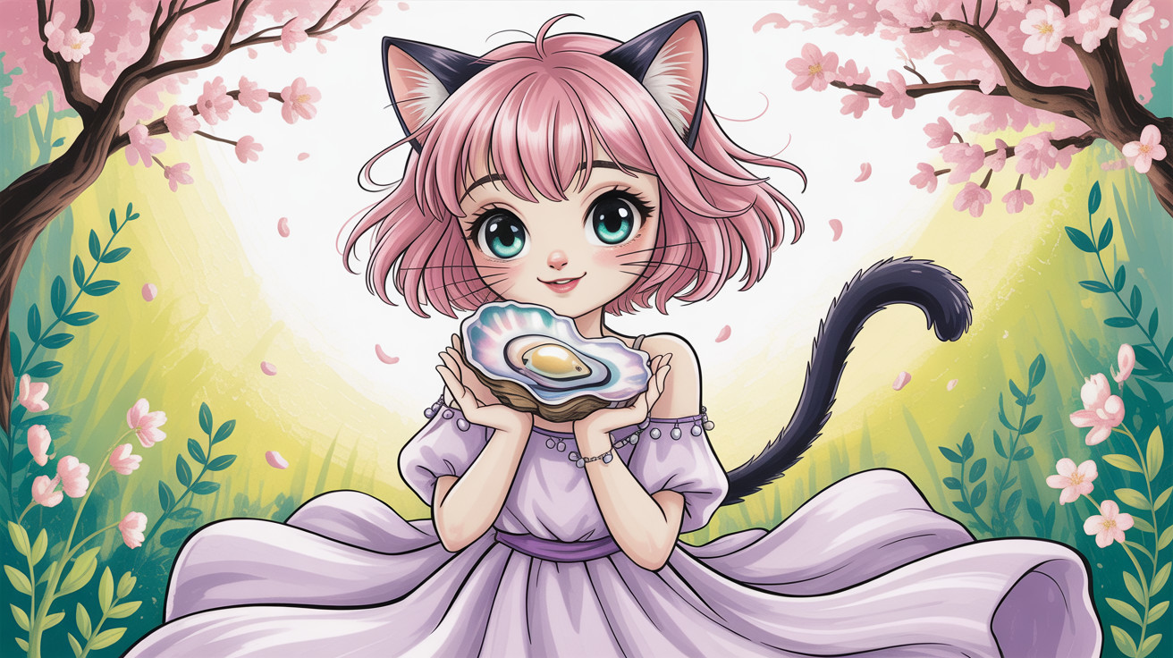 Anime Nekomimi Girl with Pearl in Whimsical Setting