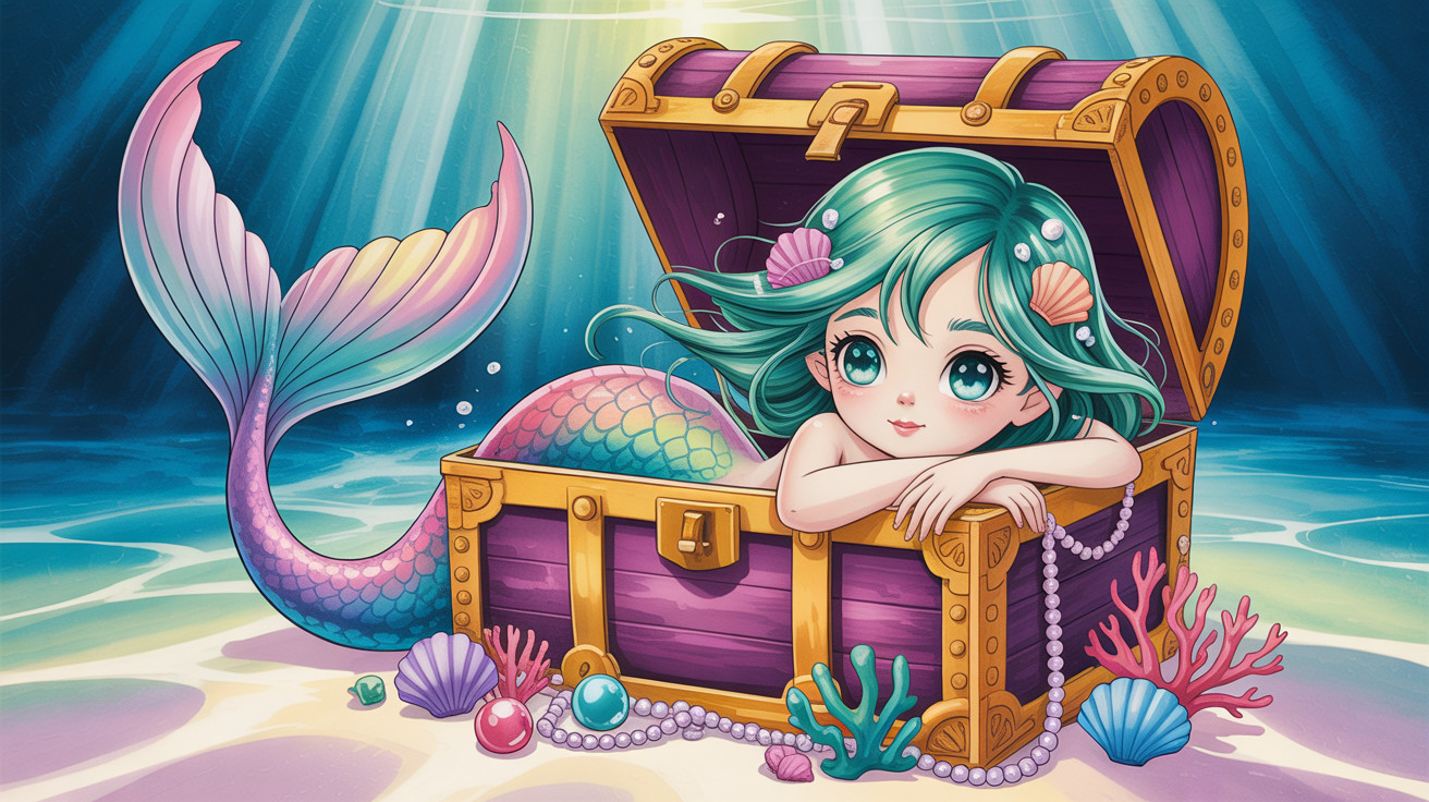 Dreamy Little Mermaid with Colorful Tail and Treasure Chest