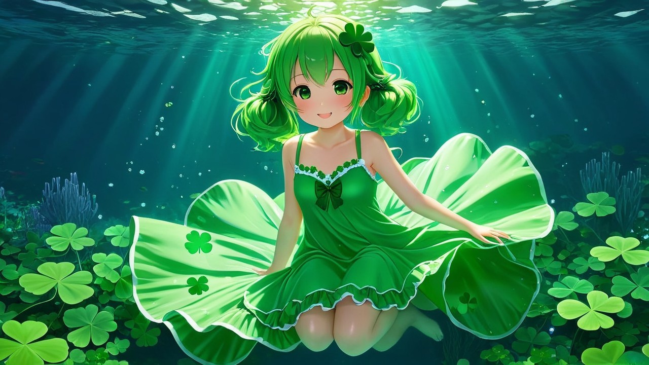 Vibrant Underwater Scene with Cheerful Girl and Plants