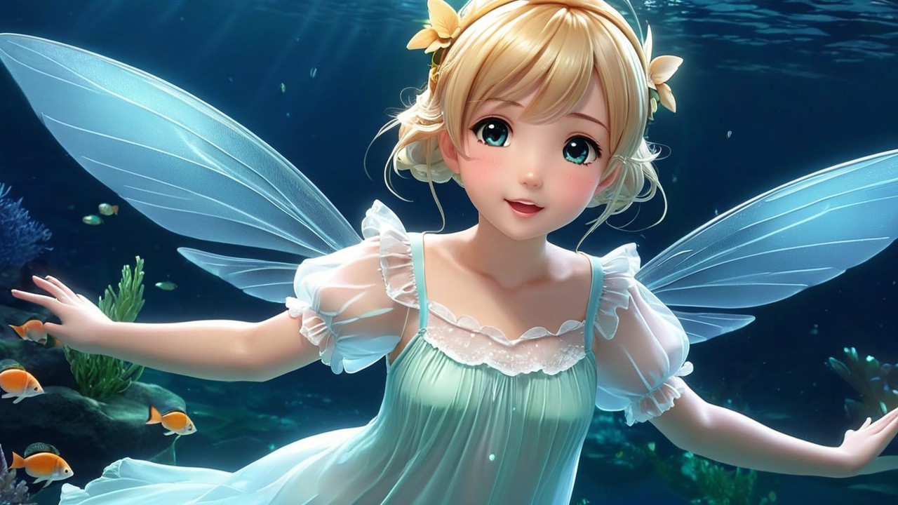 Whimsical Underwater Scene with a Joyful Fairy